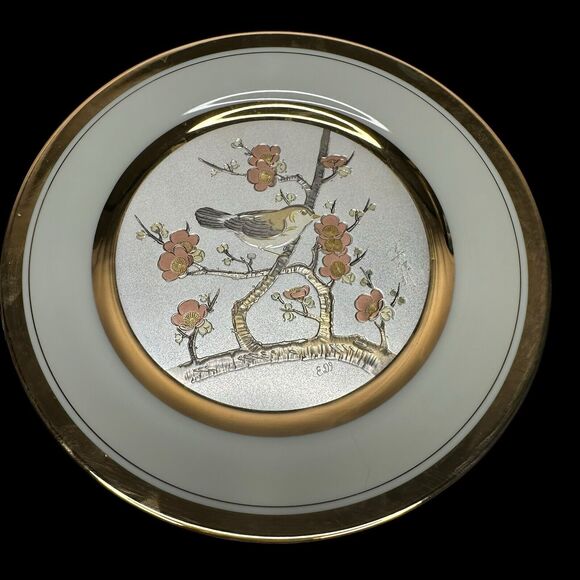 Vintage Art Of Chokin Plate 24k Rims “Early Spring Plum & Nightingale” Bird 10" - Picture 1 of 11
